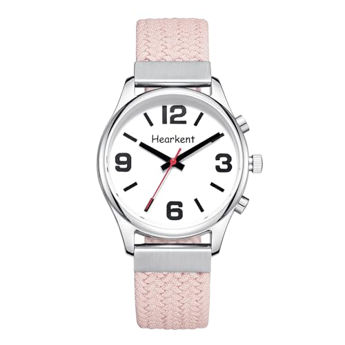 Hearkent Montre Parlante pour Femme avec Voix Française Grands Chiffres pour Personnes Malvoyantes, Aveugles ou Personnes Âgées (Nylon Rose)