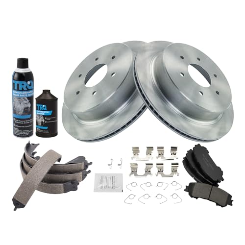 Image of TRQ Rear Brake Pad & Rotor Kit, with Chemical Kit Parking Brake Shoe Set Ceramic Compatible with 2017-2019 Nissan Titan