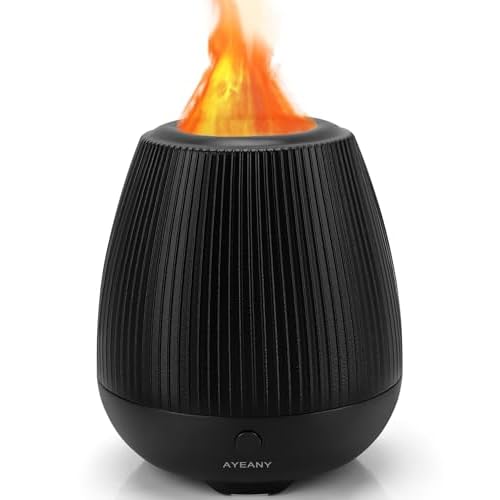 Flame Diffuser,200ML Essential Oil Diffusers with Cool Mist,2 Brightness Night Light & Auto-Off,Super Quiet Oil Diffuser with Flame Effect for Home,Office,Spa,Gym（Black）