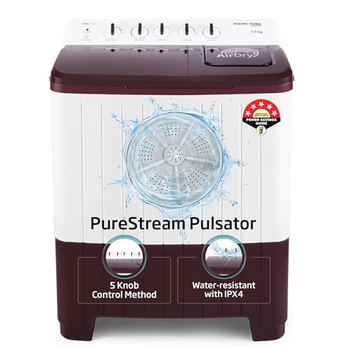 Image of Voltas Beko, A Tata Product 7.5 Kg 5 Star Semi-Automatic Top Loading Washing Machine (WTT75UHA /OK5R0R0W01, Burgundy, Air Dry & Pulsator wash technology)