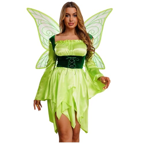 dPois Adulte Femme Fee Clochette Deguisement Femm Fee Clochette Robe Fluide À Volants avec Ailes Ailes De Fée Princesse Fée Cosplay Carnaval Vert XL