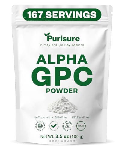 Purisure Alpha GPC Powder, Choline Supplement and Nootropics, Cognitive and Mood Support, Helps Stimulate Brain Focus, Memory Performance and Concentration, 100g, 167 Servings