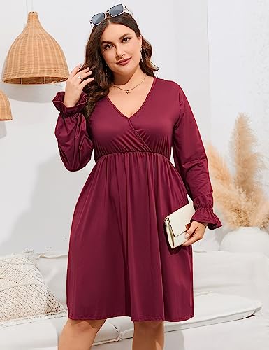 Image of ShopWonder Plus Size Dress Women's V Neck A-Line Knee Length Wrap Swing Dresses Plus Size A Line Party Mini Dress