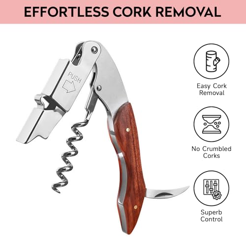 Stainless Steel and Wood Handle Corkscrew, Classic Waiters Friend Design with Built-in Bottle Opener, Easy Wine Bottle Removal Tool for Home Bar Restaurant and Gifting - Image 4