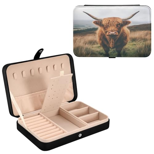 Haskirky Highland Cow Jewelry Box Portable PU Leather Travel Jewelry Organize for Women Jewelry Storage Display Holder for Ring, Necklace, Earring