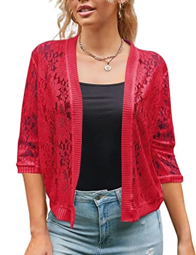 Image of Xunger Women's 3 /4 Sleeve Lace Cardigan Casual Open Front Floral Lace Shrug Summer Cover Up
