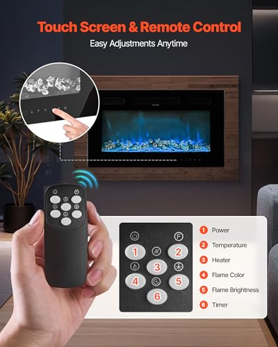 Image of VEVOR 50 inch Electric Fireplace Heater, Wall Mounted Recessed Insert, 1500W, Remote Control, Timer, Adjustable Flame, Touch Screen, Overheat Protection for Living Room Bedroom