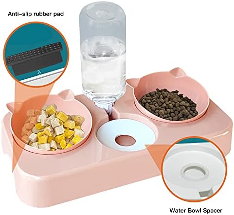 Water and Food Bowls Cat, 3 in 1 Automatic Cat Water Dispenser Cat Food Dispenser Pet Bowls Set 0-8°Adjustable Tilted Set Water and Food Bowl Set Perfect Feeding Bowls for Cats and Small Dogs (Pink)