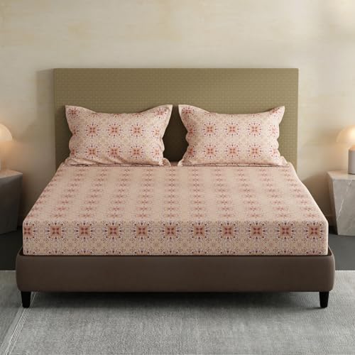 Image of Layers 100% Cotton Fitted Sheet for King Size Bed | Lumina Floret Collection | 144 TC Soft & Breathable | Printed with 2 Pillow Covers | Wrinkle Free & Colorfast | 3 Pc Bedding Set - Pink