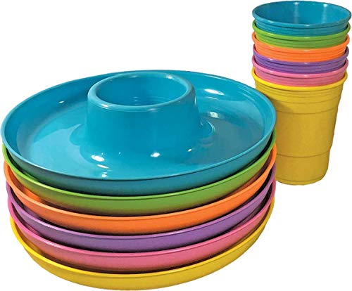 Great Plate 6 Round Great Plates and 6 Great Cups Brights 12 Piece Food Tray and Beverage Holder Serving Set for Parties Reusable Heavy Duty Plastic BPA Free