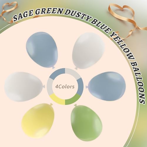 Image of 160Pcs 12 Inch Sage Green Dusty Blue Yellow Latex Balloons for Baby Shower Wedding Birthday Boho Party Decorations
