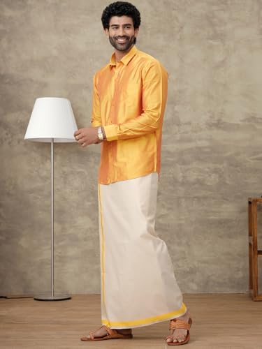 Image of RAMRAJ COTTON Men Parsley Silk Cotton Full Sleeves Shirt with Matching Border Tissue Dhoti Set