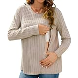 Stillshirt, Stillshirt Langarm Mit Verstecktem Reißverschluss,Lose Stilltops Damen,Stilloberteile Damen Freizeit Umstandsmode Umstands-Rippshirt,Stillmode Für Schwangerschaft Und Stillzeit ( S, Braun)