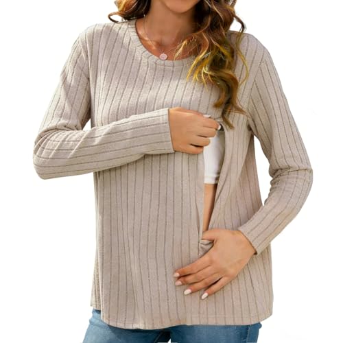Stillshirt, Stillshirt Langarm Mit Verstecktem Reißverschluss,Lose Stilltops Damen,Stilloberteile Damen Freizeit Umstandsmode Umstands-Rippshirt,Stillmode Für Schwangerschaft Und Stillzeit(L,Braun)