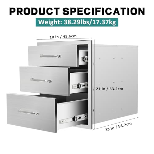 Image of Outdoor Kitchen Drawers 18 inch W x 21 inch H x 23 inch D Stainless Steel Drawer BBQ Triple Drawers with Chrome Handle for Outdoor Kitchen Island, Patio Grill Station