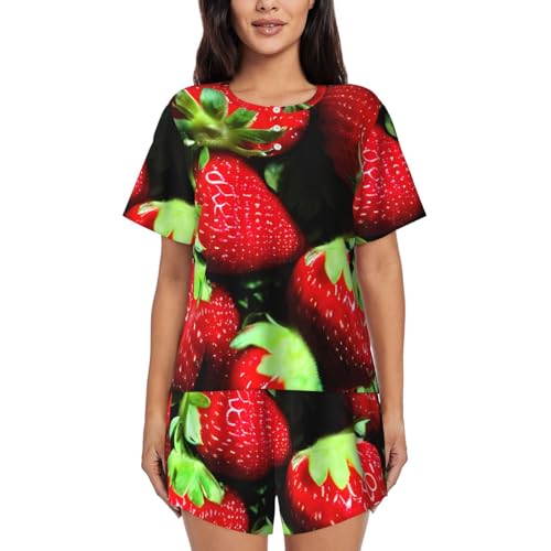 Pyjama fraise femme 2 pièces en coton doux avec t-shirt col rond et short de nuit
