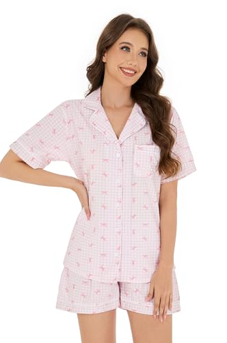 Image of LUBOT 100% Cotton Women's Pajamas Set Button-Down Two-piece PJ Set Short Sleeve Printed Patterned Summer Sleepwear Loungewear (Plaid Bows, M)