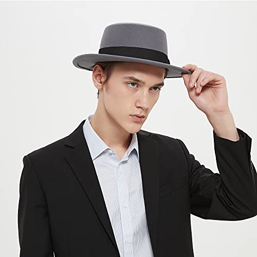 Image of Classic Fedora Hat Flat Top Hat Felt Pork Pie Hat Wide Brim Church Derby Cap for Women and Men