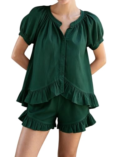 Image of Womens Ruffle Pajama Set Short Sleeve Button Down Top and Shorts | Cotton Ruffle Pajamas Set, Ruffle Shorts Set Women, 2 Piece Shorts Set for Women
