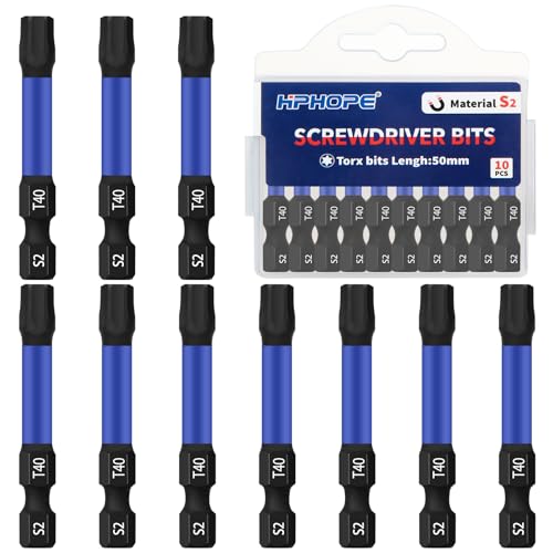 HPHOPE 2 T40 Torx Bits for Impact Driver 10pack S2 Steel 1/4 Hex-Shank