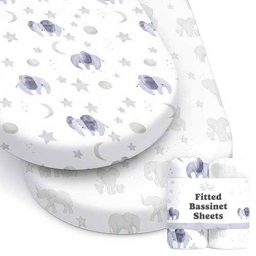 Image of Baby Bassinet Sheets for Boy, Girl (Watercolor Elephants) 2-Pack - Fitted Bedside Bassinet Sheets - Buttery Soft Cotton Blend for Standard Mattress Pad - Compatible with Halo BassiNest