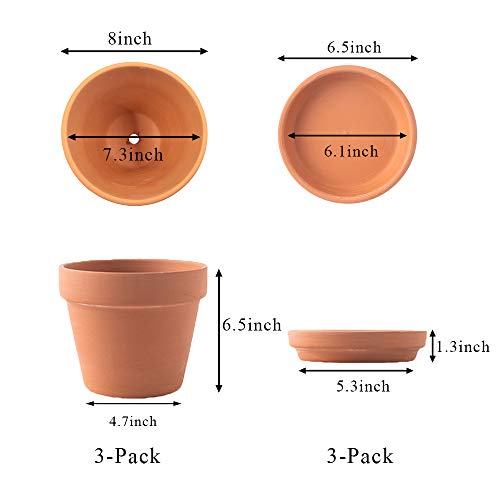 Yishang 8 Inch Clay Pot for Plant with Saucer - 3 Pack Large Terra Cotta Plant Pot with Drainage Hole, Clay Planters Pot, Terracotta Pot for Indoor Outdoor Plant,Round Flower Planter Pots for Plants