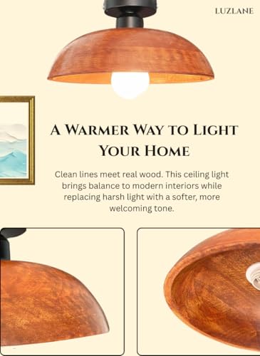 Image of Wooden Walnut Dome Ceiling Light '10 -Inch' - Semi Flush Mount Wooden Ceiling Lamp | Handcrafted Solid Wood Ceiling Light for Hall, Bedroom, Living Room, Kitchen & Dining