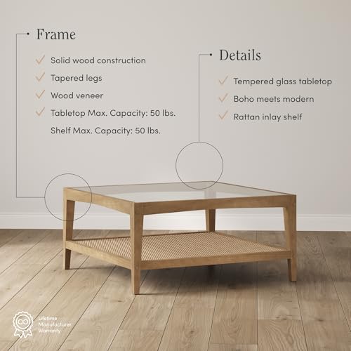 Image of Nathan James Hayes Glass Top Coffee Table, Solid Wood Coffee Table with Glass Top and Rattan Bottom Shelf, Light Brown