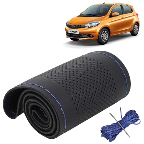 Image of KINGSWAY PU Leatherite Car Steering Cover Sewable Compatible with Tata Tiago (Year 2020 Onwards), Black Color with Blue Thread, Pack of 1 with Sewing Needle and Thread