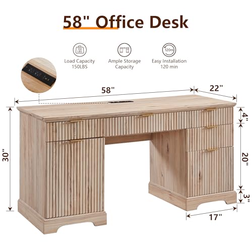 Image of 58 inch Modern Wood Executive Desk with 5 Drawers & 1 Cabinet, Built‑in Outlet | Wood Home Office Desk with 5 Drawers & 1 Cabinet, Fluted Computer Writing Desk for Study, Living Room, Bedroom, Oak