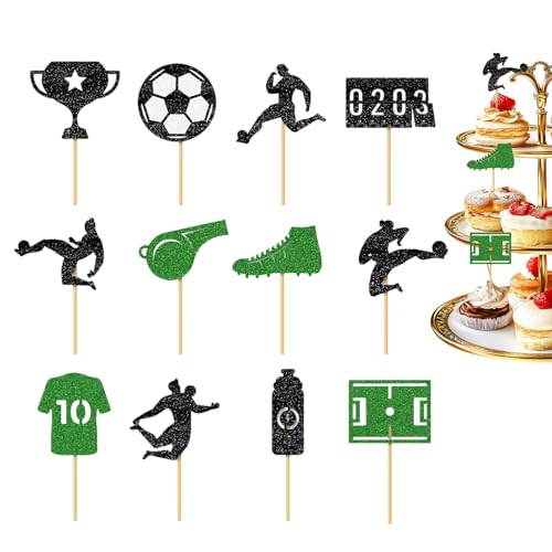 Decoración para tarta de temática de fútbol, balón deportivo 2D | 12 piezas de decoración para cupcakes – Para dulces pastelería eventos casa escuela juegos celebraciones cumpleaños hombres niños