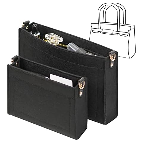 EsLuker.ly 2Pcs Felt Purse Organizer Insert with Zipper, Premium Microfiber Handbag Shaper Tote Bag Organiser Insert Fit Toiletry Pouch 26 19 - Large & Small, Black Cover