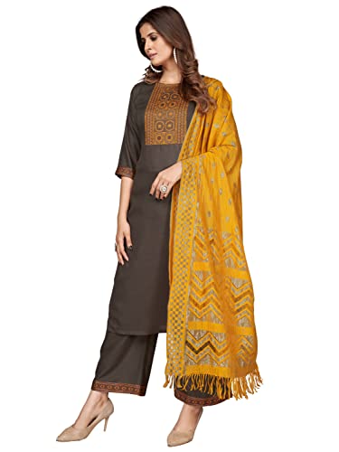Image of Vbuyz Women's Cotton Blend Solid Straight Stitched Kurta Palazzo with Dupatta (VF-KU-1916-SKD-42 Grey X-Large)