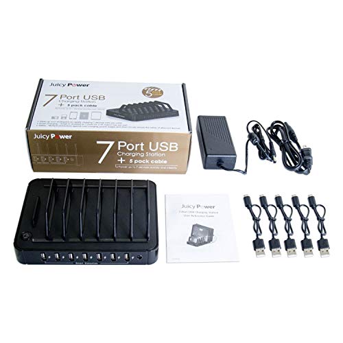 AVLT 7 Port USB Charging Station with Quick Charge for Multiple Devices - 5 Pack 9.8" Micro USB Cables Included - Docking Stations & Device Organizer for Family, Office, Hotel