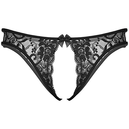 TiaoBug Herren Ouvert String Tanga Transparent Spitzen Slip Offener Schritt Sexy Unterwäsche mit Metall Penis Ring Fetisch Sexspielzeug Schwarz Offen Einheitsgröße