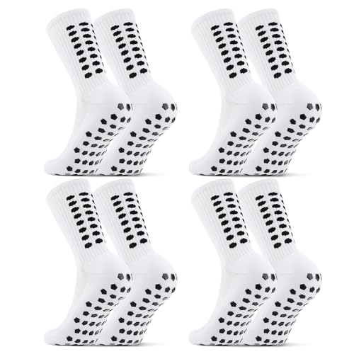 Zuimei 4 Pairs Non Slip Football Socks Athletic Sports Socks with Rubber Dots for Soccer Running Hiking Yoga 5-7 White
