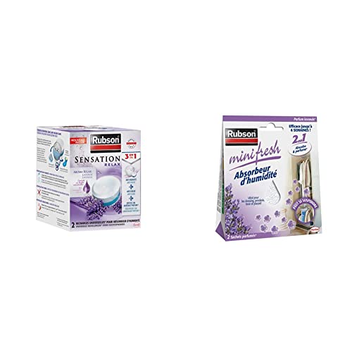 Rubson - Rubson Sensation Relax, 2 Recharges universelles de 300 gr pour absorbeur d'humidité, Recharge 3-en-1 & Minifresh Absorbeur d’Humidité en sachet, Absorbeur d’odeur 2 sachets parfum lavande de 50 g - -42%