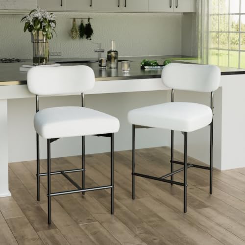 Butacos de barra HOMMPA, juego de 2 butacos de 26 pulgadas para isla de cocina, color blanco con tejido bouclé miniatura 1