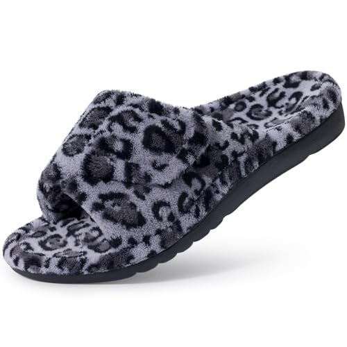 Litfun Women's Orthopedic Slippers with Arch Support Adjustable Open Toe House Shoes for Plantar Fasciitis, Leopard Grey 40
