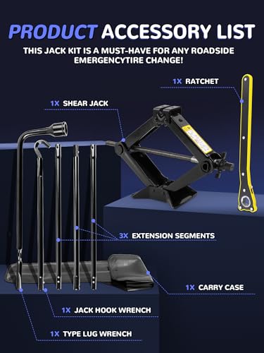 Image of Spare Tire Jack Tool Kit w / Labor-Saving Ratchet Wrench for 03-21 Ram 1500 | Heavy Duty 2.5 Ton Scissor Lift Jack with Leather Storage Bag | Rust & Corrosion Resistance | Push-button lock | Anti-Rattle