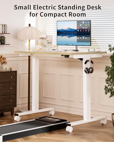 Image of Okin Small Electric Standing Desk, 36 inch x 24 inch Whole Piece Height Adjustable Desk, Oak Sit to Stand Computer Workstation with Wheels for Home Office