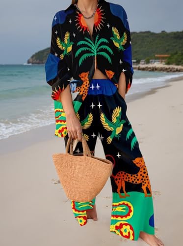Women's Vacation Floral 2 Piece Sets Beach Button Down Long Sleeve Shirt Tops and Wide Leg Long Pants Casual Outfits2