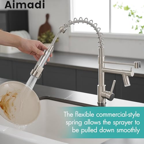 Image of AIMADI Commerical Kitchen Faucet with Sprayer,Single Handle Pull Down Sprayer Kitchen Sink Faucet with LED Light Two Spout,Brushed Nickel
