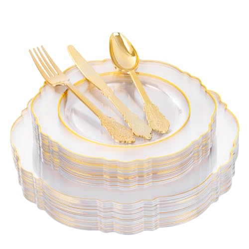 YOUBET 125PCS Thanksgiving Plastic Plates - Clear Gold Disposable Plates - 25 Guests Baroque Plastic Dinnerware Includes 25Dinner Plates, 25Dessert Plate, 75Silverware for Thanksgiving Party & Wedding