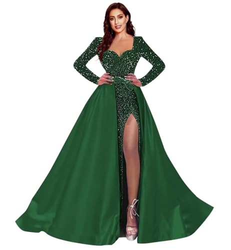 Fair Lady Prom Dresses 2025 Sparkly Sequin Long Sleeves A Line Satin Formal Evening Dress with Slit