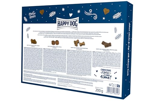Happy Dog Adventskalender - Getreidefreie Snacks, Ideal zum Verwöhnen, Ohne Zuckerzusatz und Zusatz von Konservierungsstoffen, Vier Verschiedene Sorten köstlicher Hundeleckerlies
