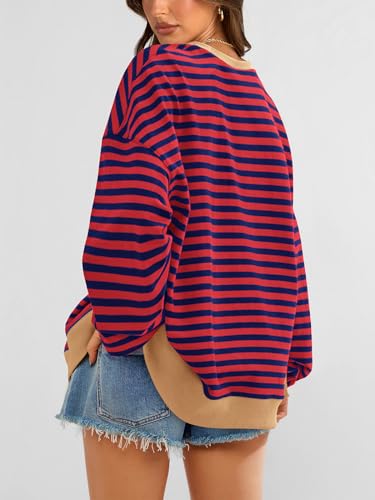 Image of PRETTYGARDEN Womens Striped Oversized Sweatshirt Color Block Crew Neck Long Sleeve Casual Loose Pullover Top Y2K Clothes