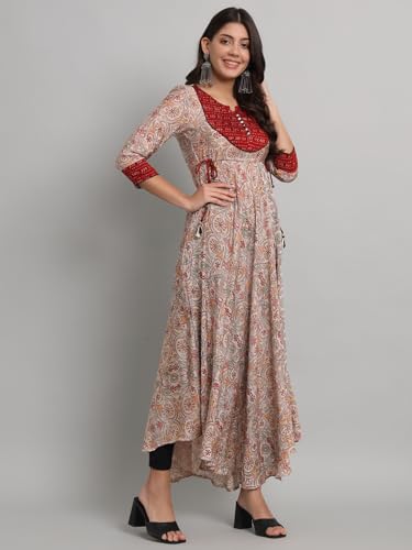 Image of Rapsodia Womens Cotton Green & Brown Floral Printed Flared Kurta
