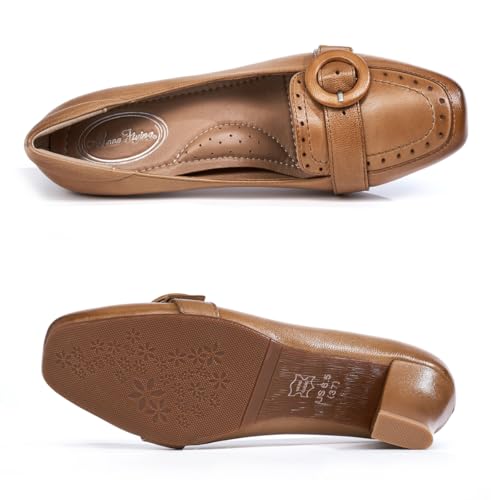 Mona flying Women's Leather 7 cm Chunky Heel Loafers Pumps Square Toe High Heel Office Work Dress Shoes for Ladies4