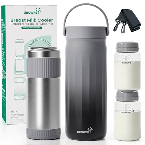 Image of Grownsy 22oz Portable Breast Milk Cooler, 360° Stainless Steel Chiller Keeps Breastmilk Fresh for 24H, No Ice Crystals,Milk Cooler with 2 Baby Bottles for Work & Travel, Baby Breastfeeding Essential